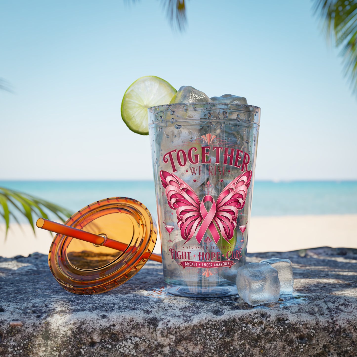 Together We Rise Butterfly Breast Cancer 16oz Tumbler with Straw