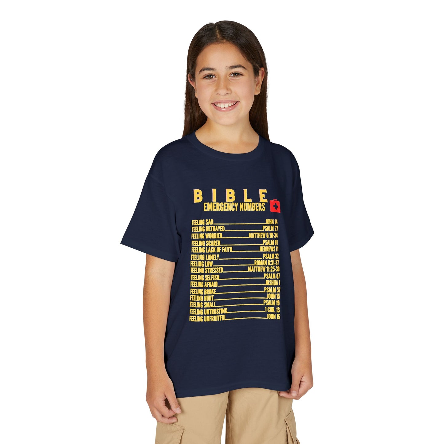 Bible Emergency Numbers Youth T-Shirt — Yellow