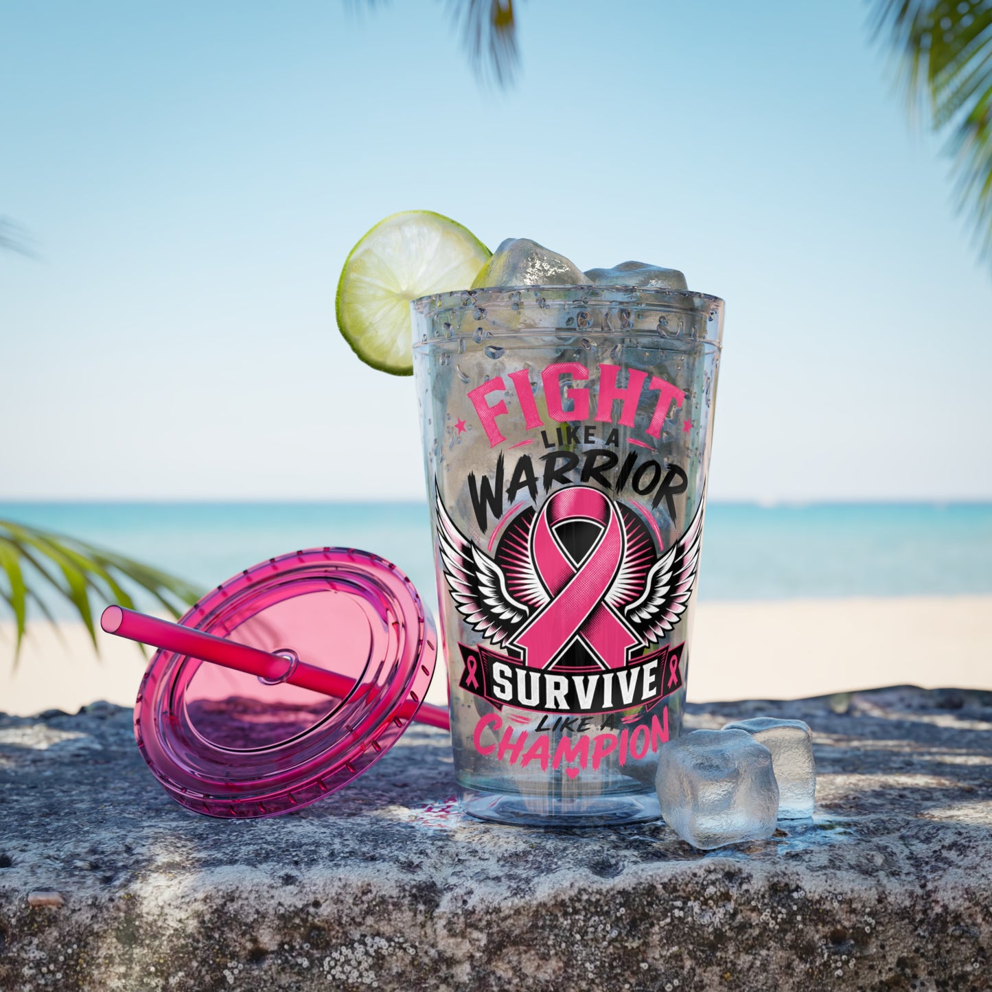 Fight Like a Warrior, Survive Like a Champion Breast Cancer Awareness 16oz Tumbler with Straw