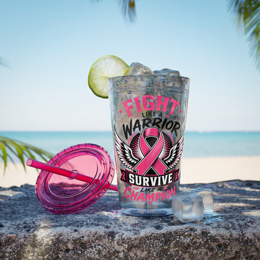Fight Like a Warrior, Survive Like a Champion Breast Cancer Awareness 16oz Tumbler with Straw