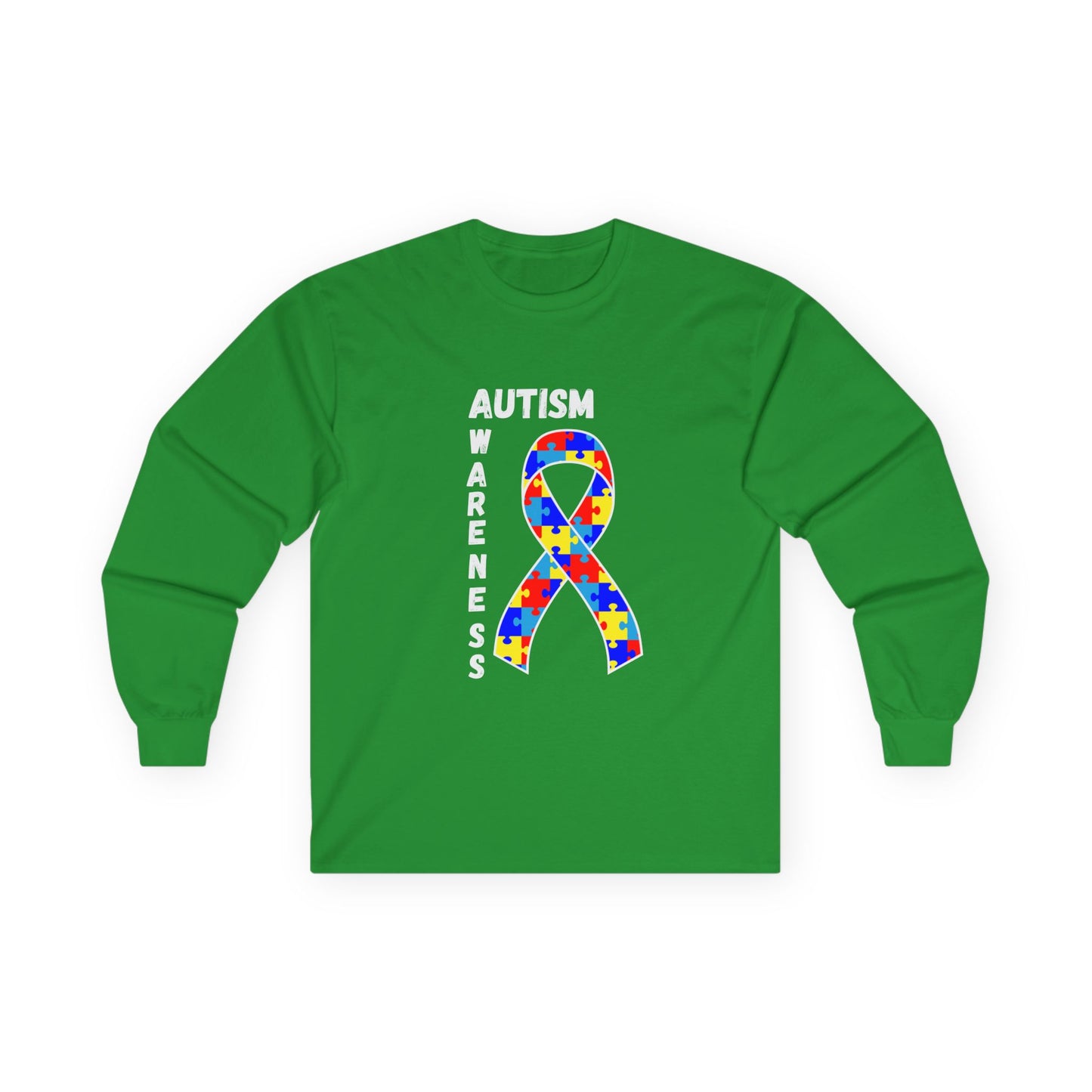 Autism Puzzle Ribbon Long Sleeve Tee — White