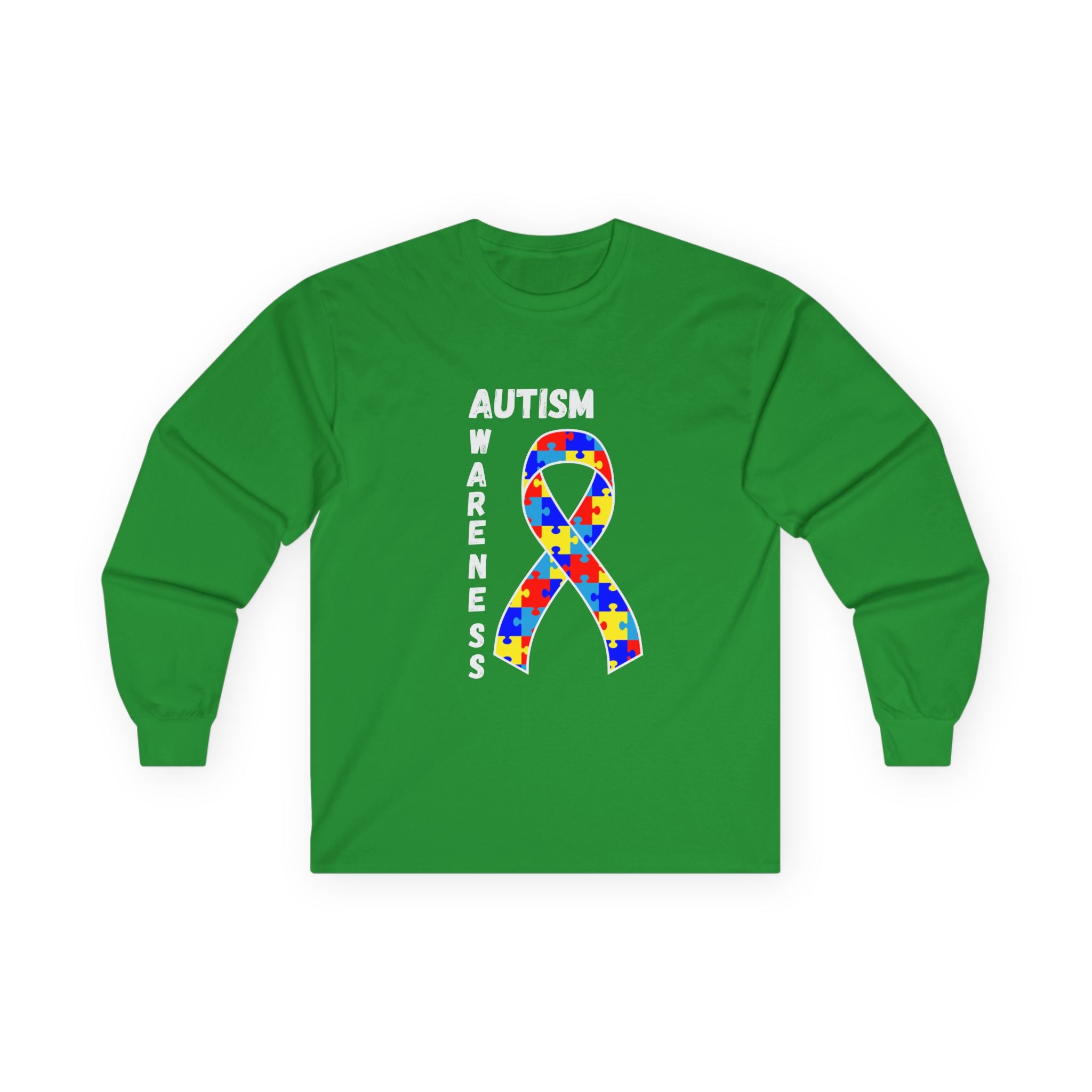 Autism Puzzle Ribbon Long Sleeve Tee — White