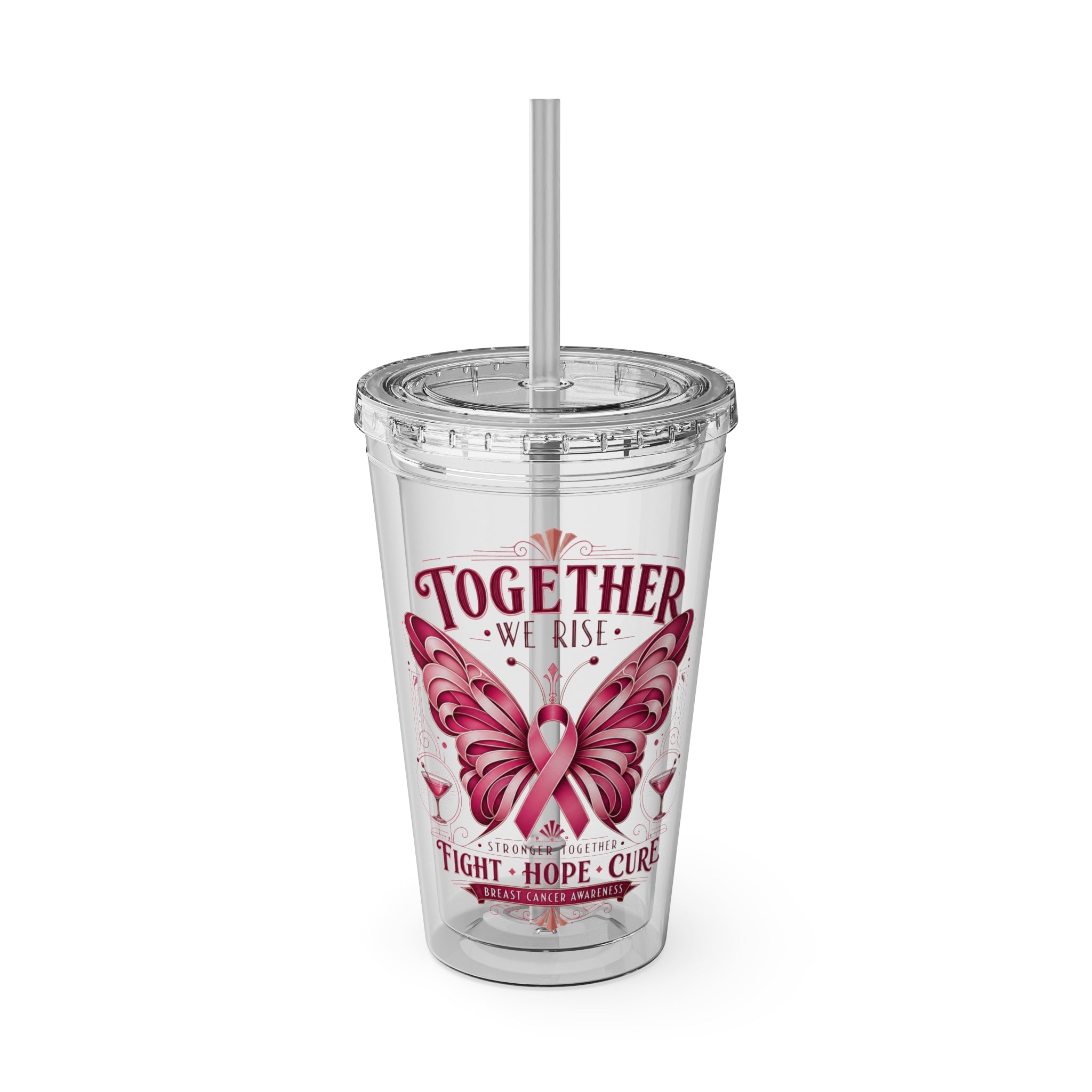 Together We Rise Butterfly Breast Cancer 16oz Tumbler with Straw