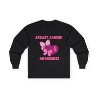 Breast Cancer Awareness Long Sleeve Tee — Pink Ribbon Butterfly Design