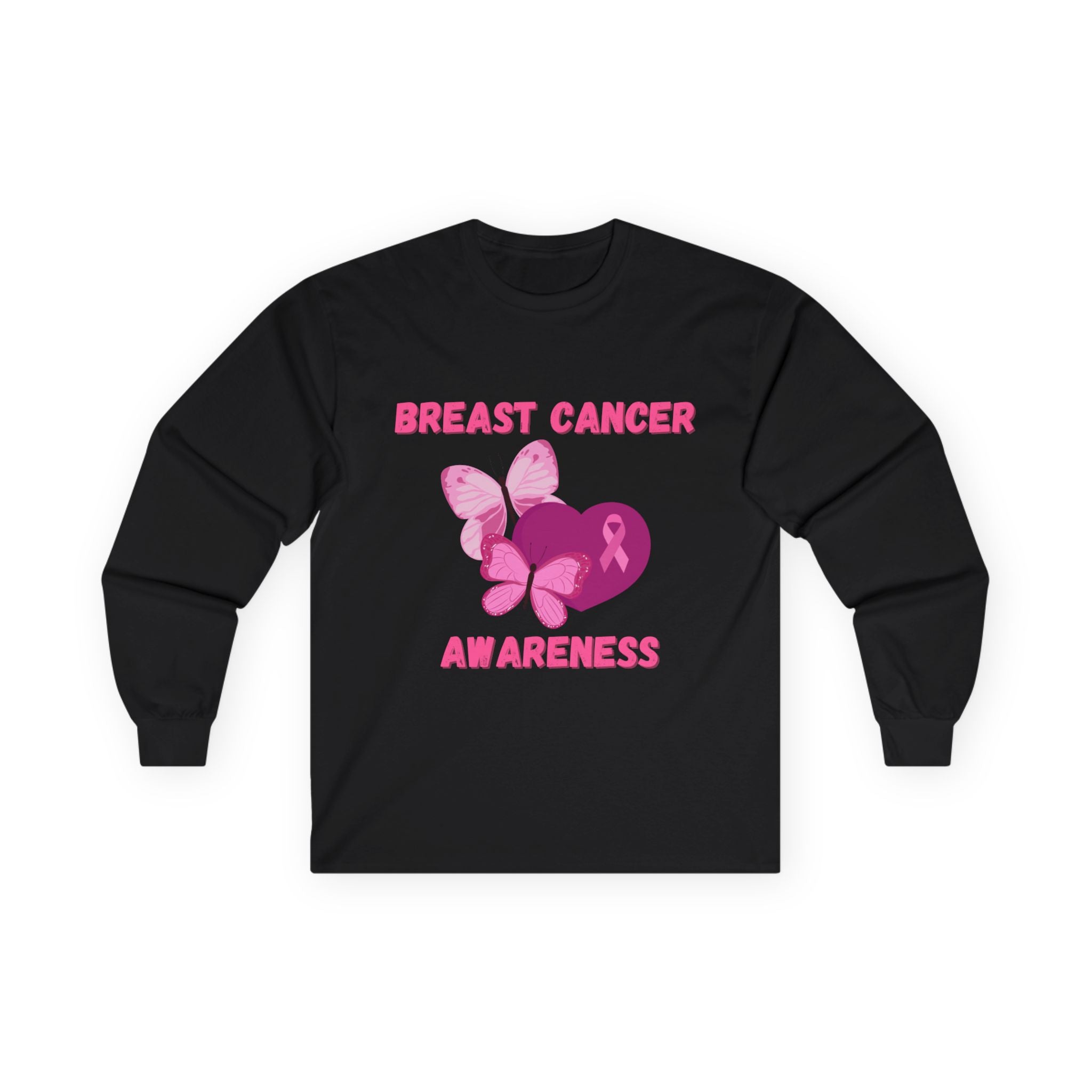 Breast Cancer Awareness Long Sleeve Tee — Pink Ribbon Butterfly Design