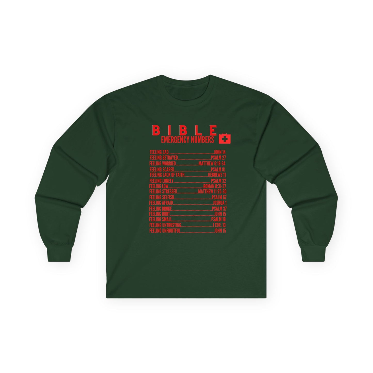 Bible Emergency Numbers Long Sleeve Tee - Red