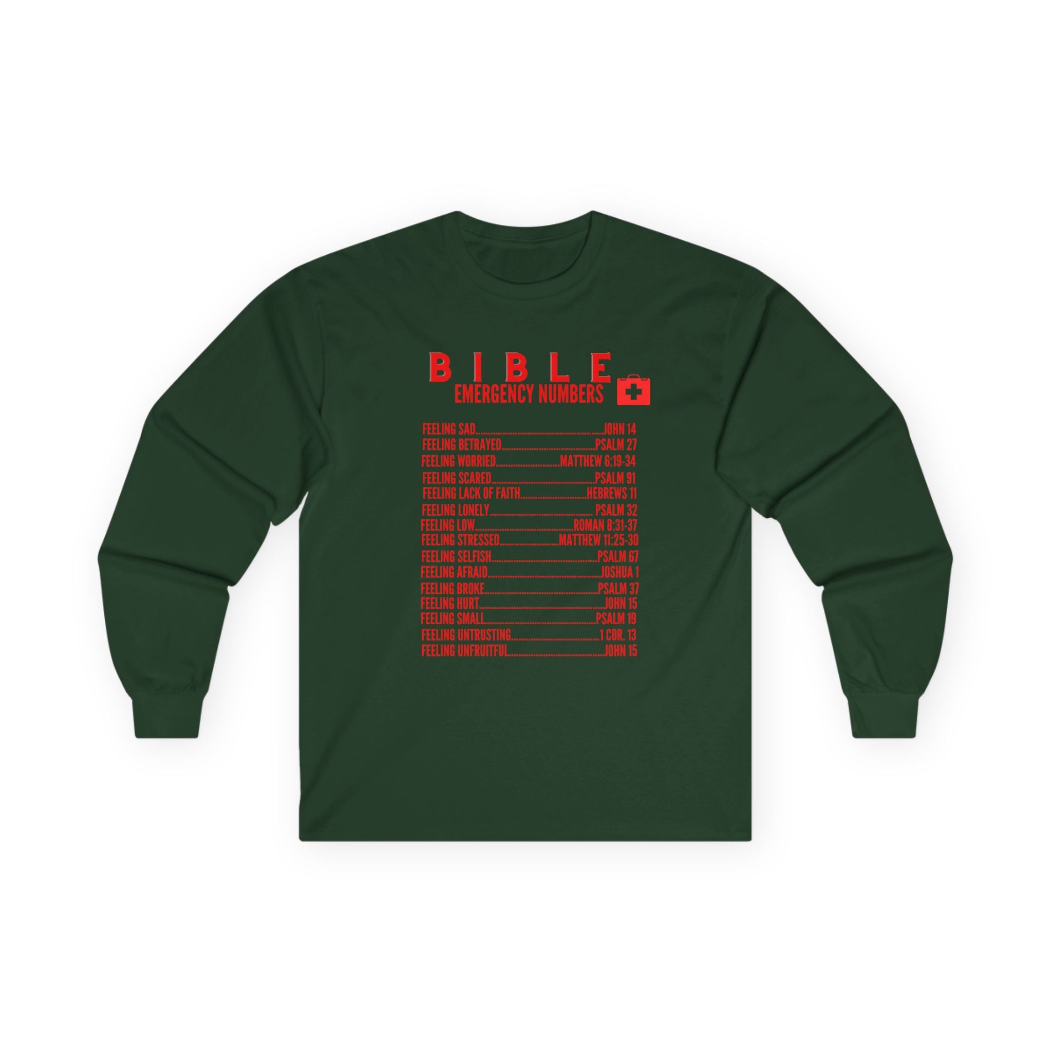 Bible Emergency Numbers Long Sleeve Tee - Red