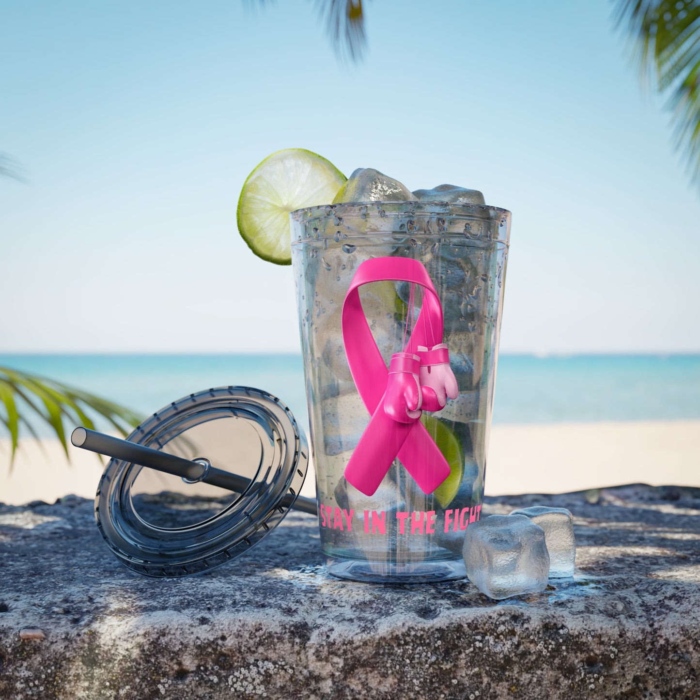 Pink Ribbon “Stay in the Fight” 16oz Tumbler with Straw