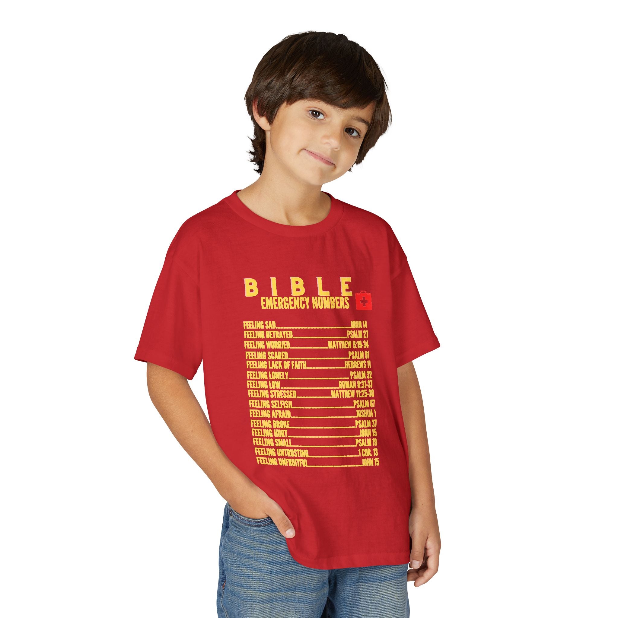 Bible Emergency Numbers Youth T-Shirt — Yellow