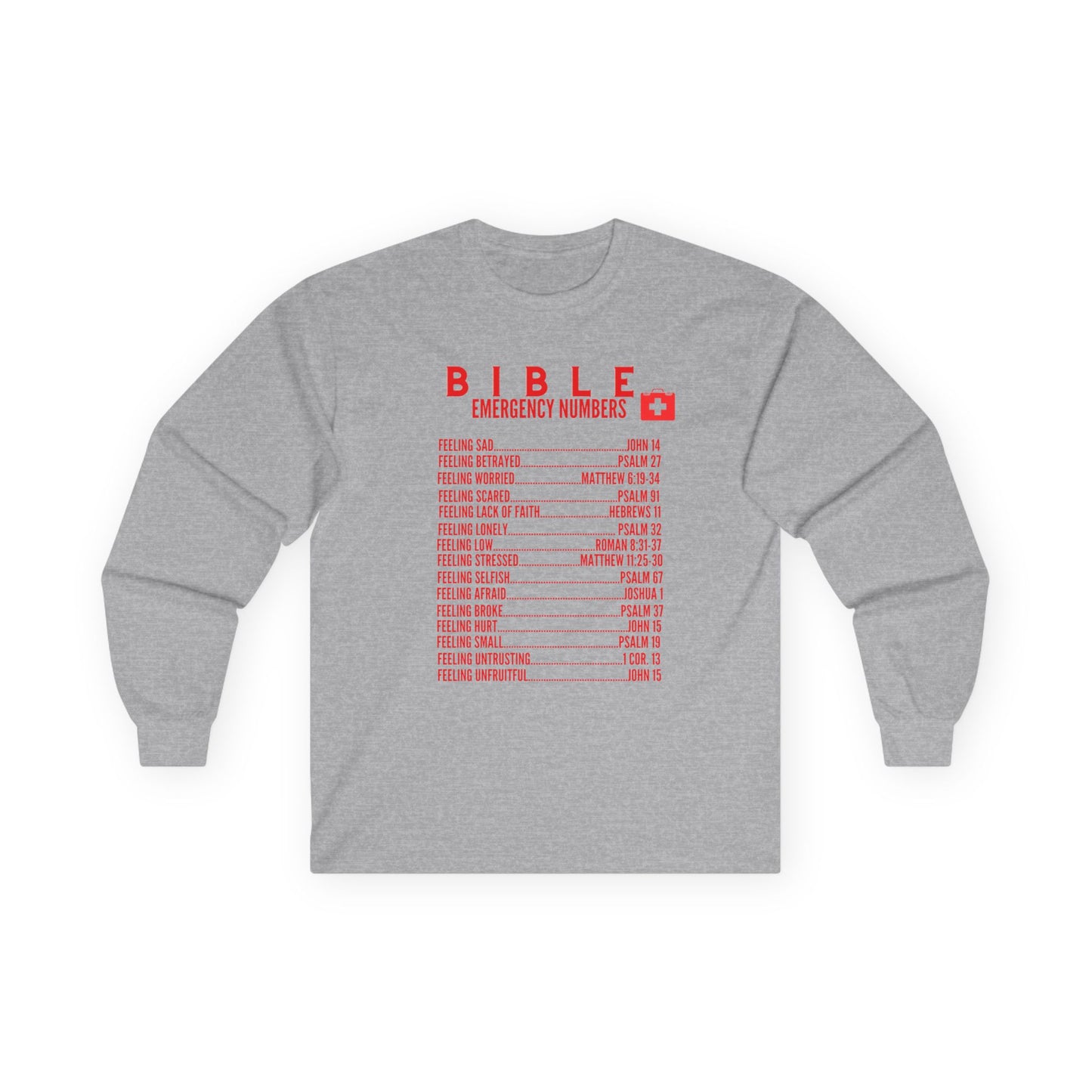 Bible Emergency Numbers Long Sleeve Tee - Red