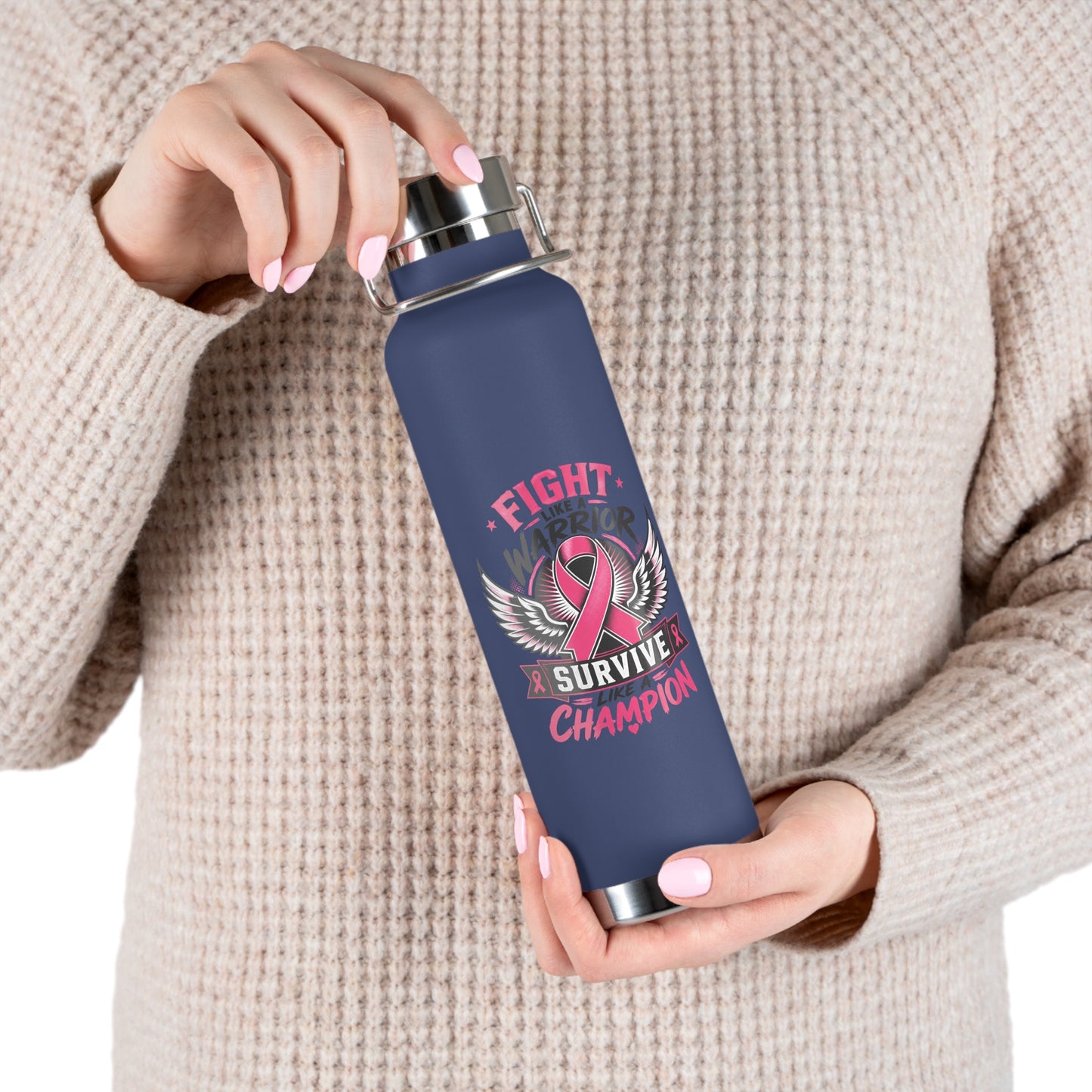 Fight Warrior Survive Champion Pink Ribbon 22oz Insulated Water Bottle