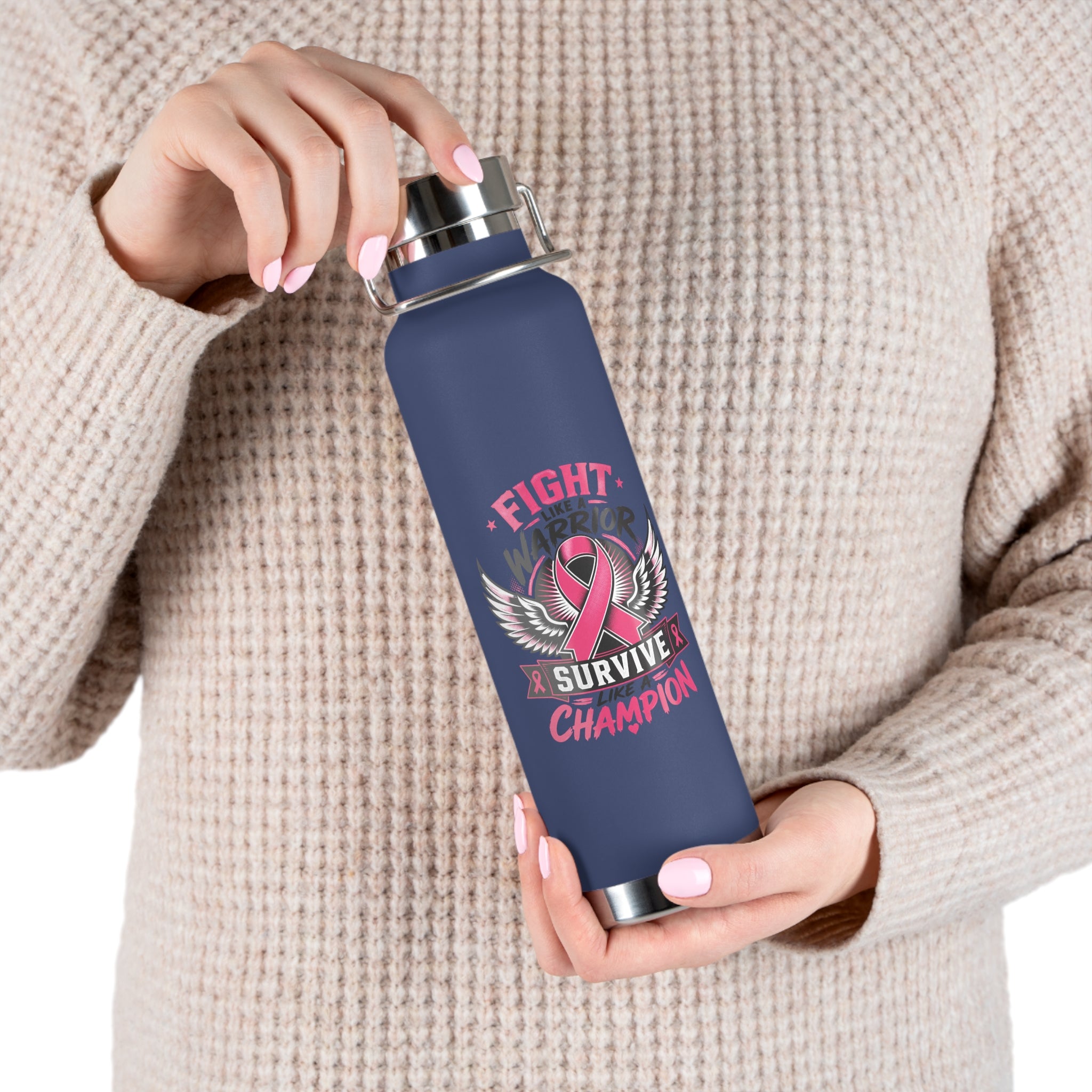 Fight Warrior Survive Champion Pink Ribbon 22oz Insulated Water Bottle