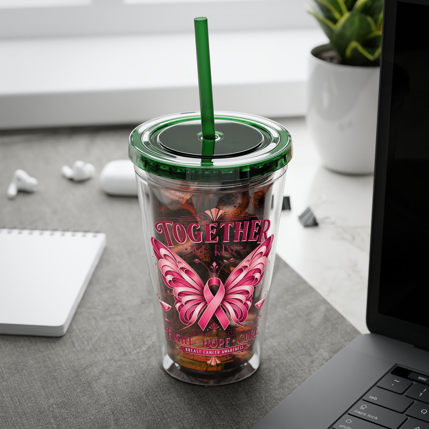 Together We Rise Butterfly Breast Cancer 16oz Tumbler with Straw