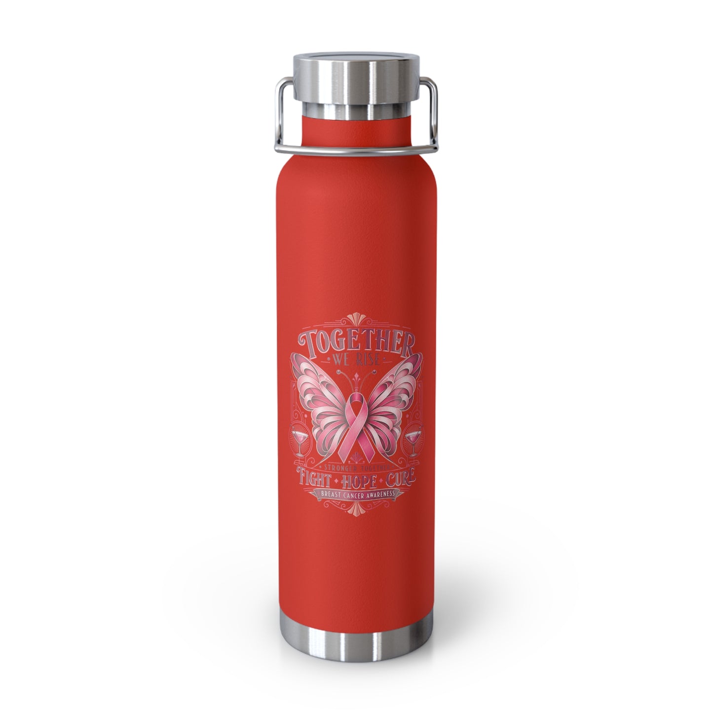 Together We Fight Pink Ribbon Butterfly Cancer 22oz Insulated Water Bottle