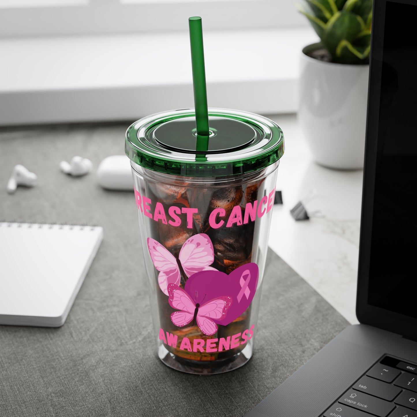 Breast Cancer Awareness 16oz Tumbler with Straw - Butterfly, Heart