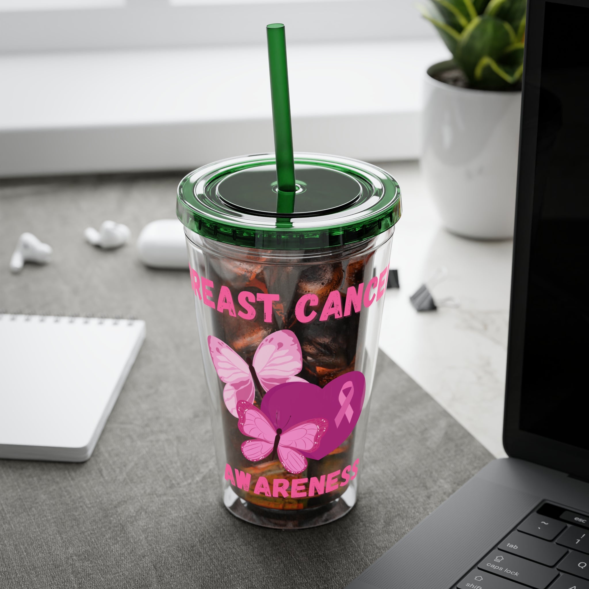 Breast Cancer Awareness 16oz Tumbler with Straw - Butterfly, Heart
