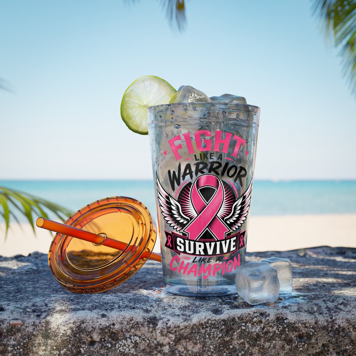 Fight Like a Warrior, Survive Like a Champion Breast Cancer Awareness 16oz Tumbler with Straw
