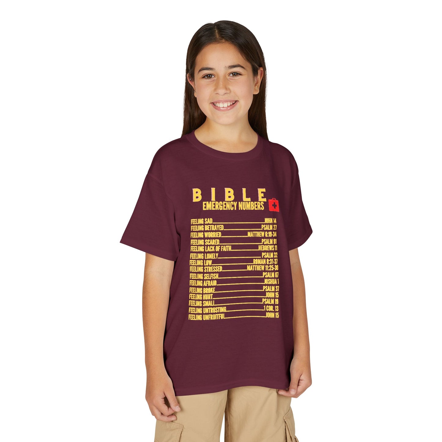 Bible Emergency Numbers Youth T-Shirt — Yellow