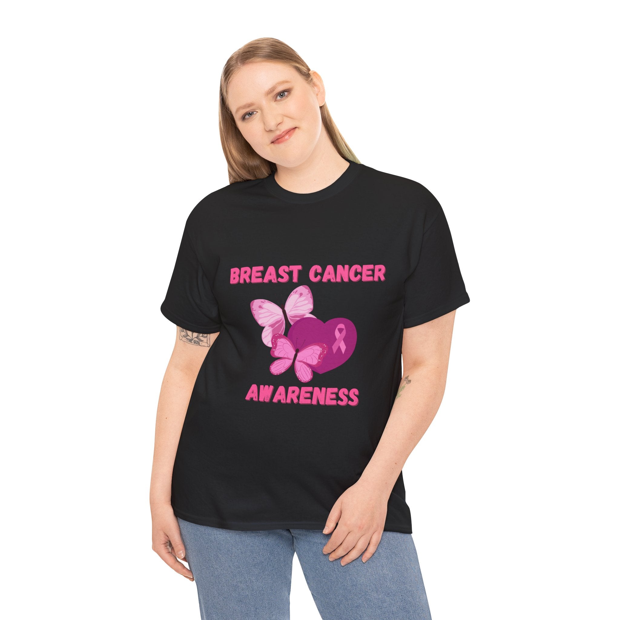 Breast Cancer Awareness Tee with Pink Butterfly & Ribbon