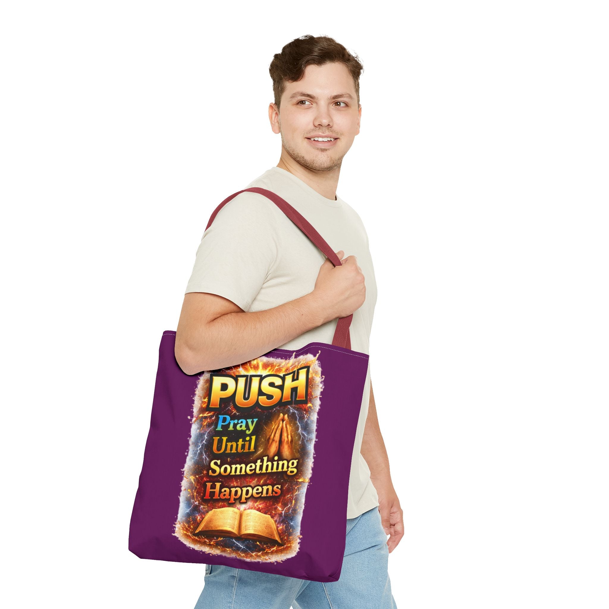 Push Pray Until Something Happens Purple Tote Bag - Bible
