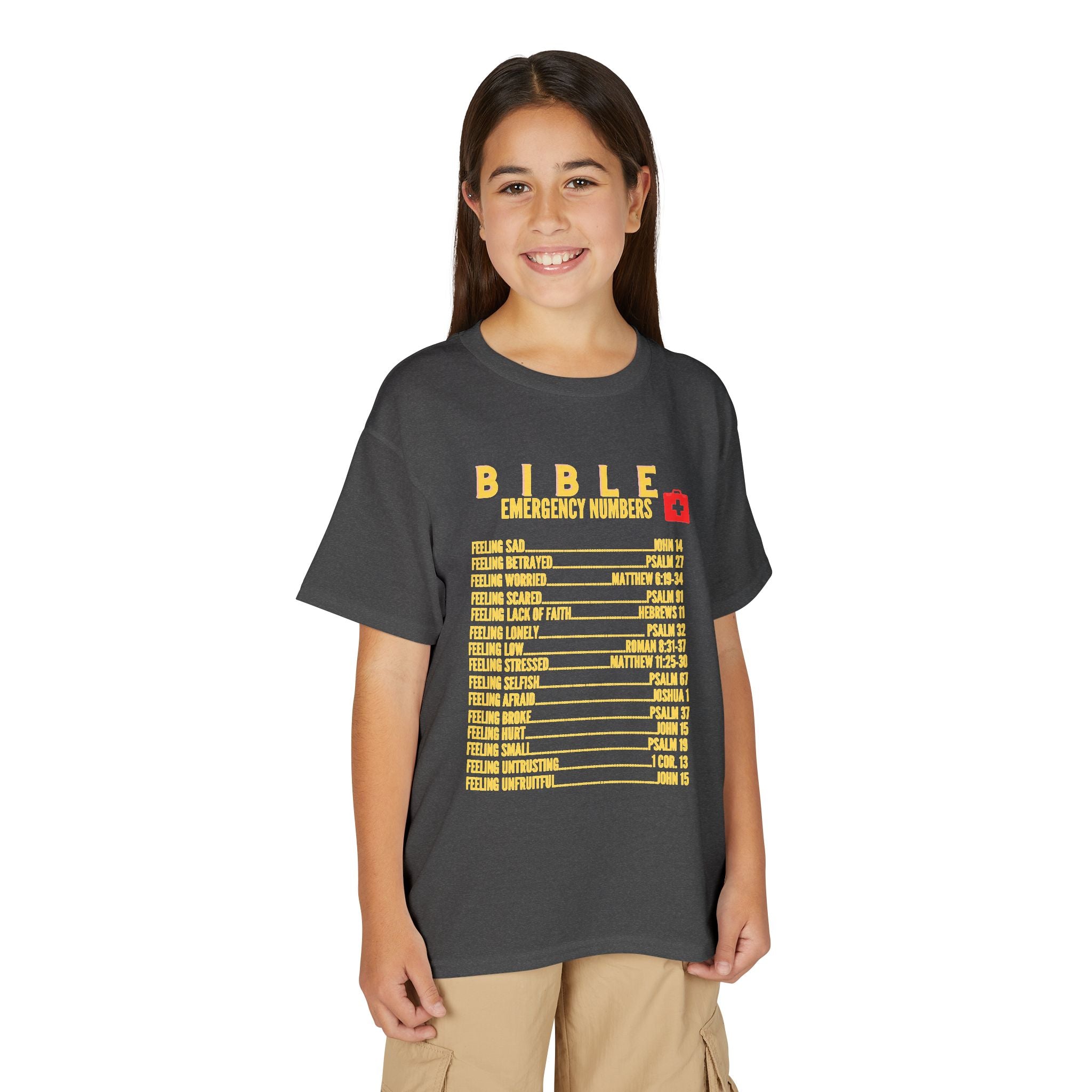 Bible Emergency Numbers Youth T-Shirt — Yellow