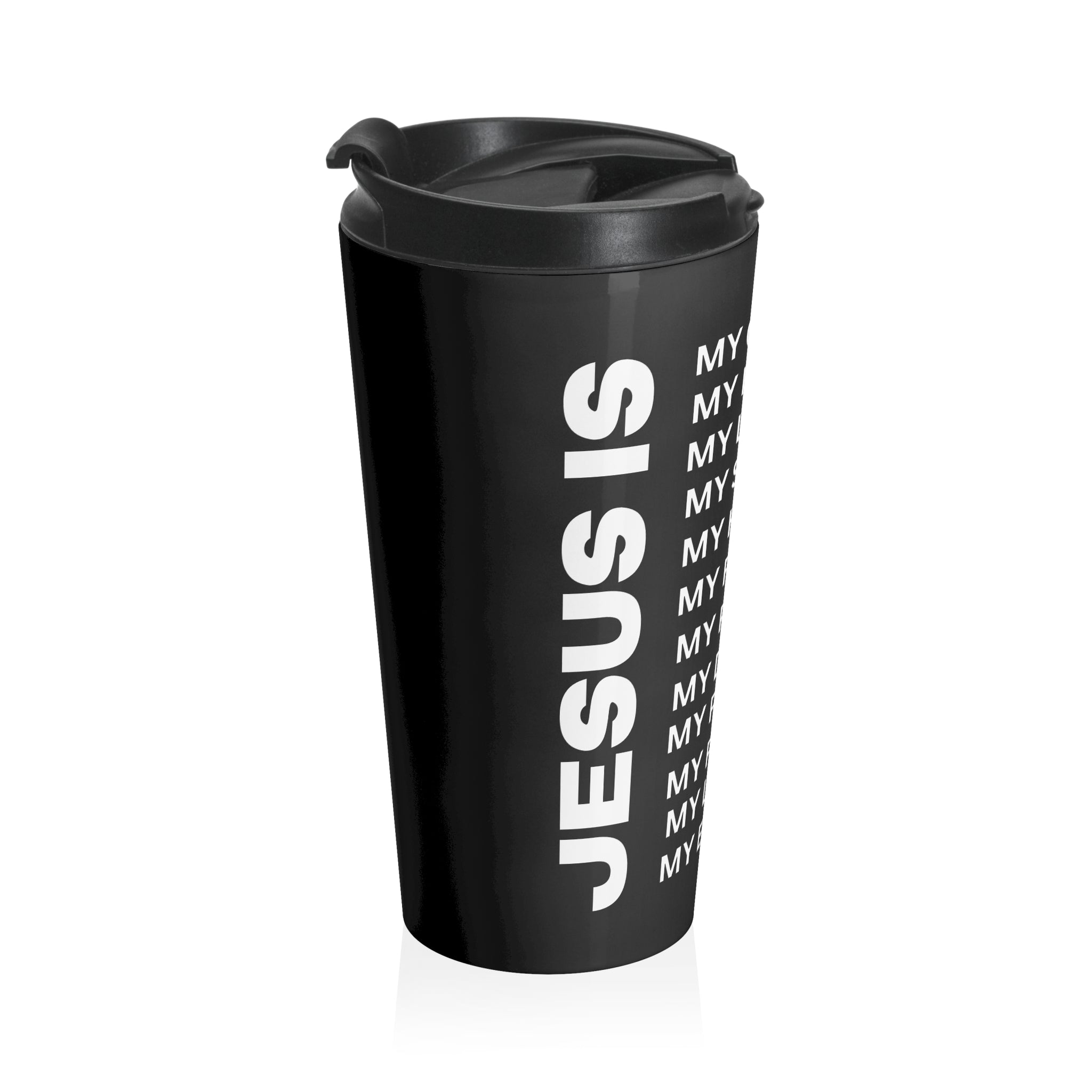 Christian JESUS IS Black Stainless Steel Travel Mug - White