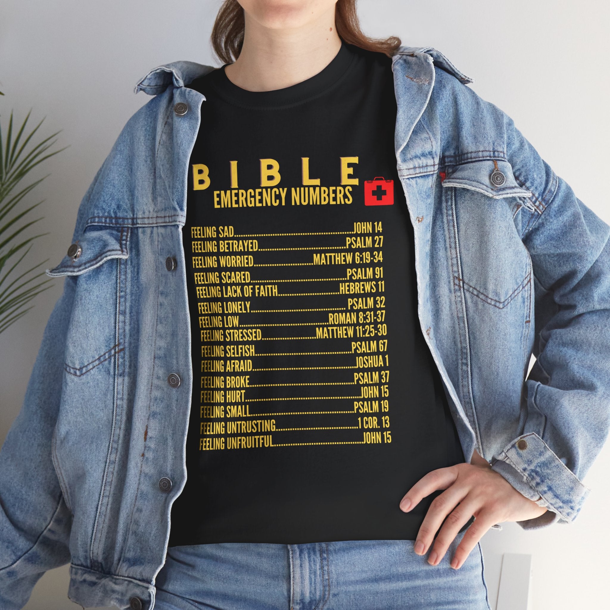 Bible Emergency Numbers Tee - Gold
