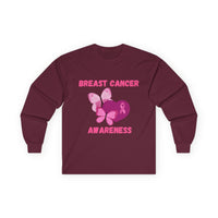 Breast Cancer Awareness Long Sleeve Tee — Pink Ribbon Butterfly Design