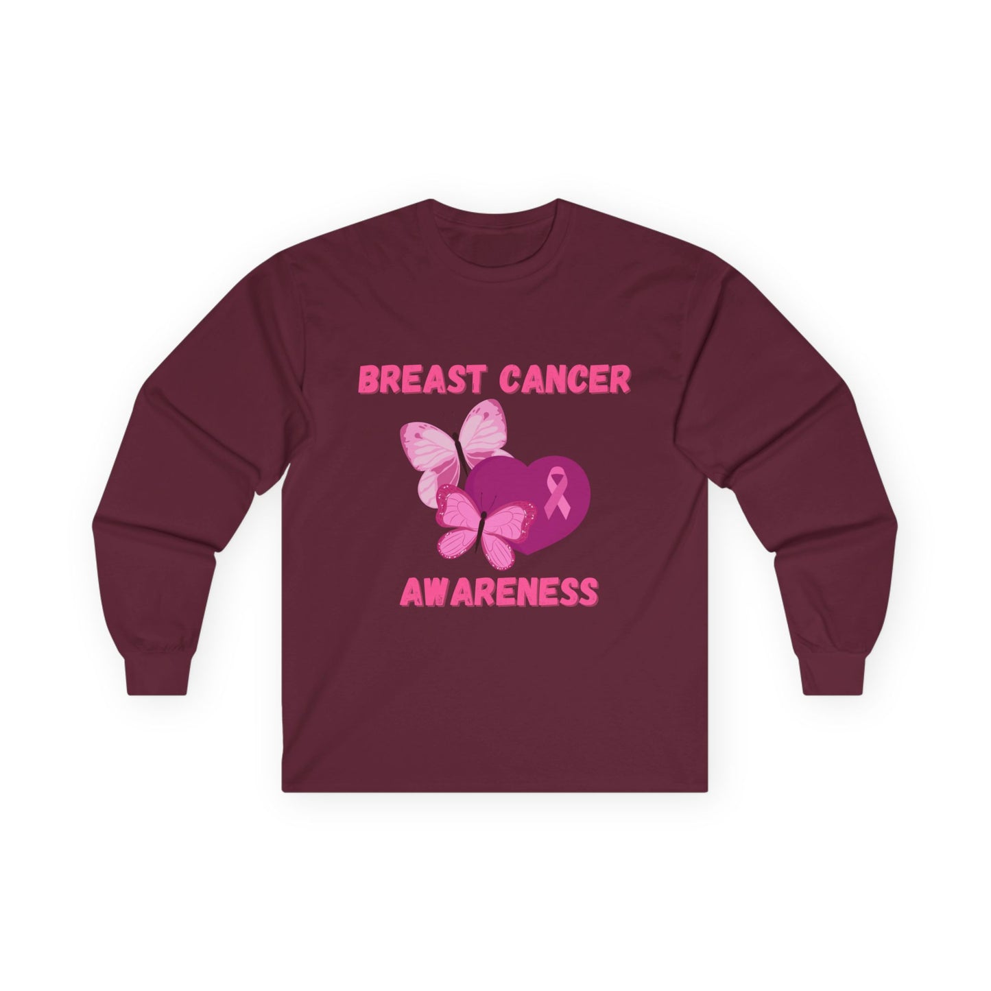 Breast Cancer Awareness Long Sleeve Tee — Pink Ribbon Butterfly Design