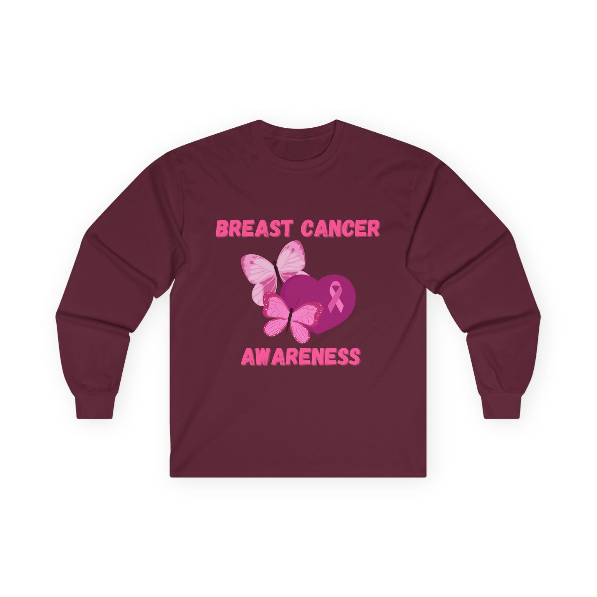 Breast Cancer Awareness Long Sleeve Tee — Pink Ribbon Butterfly Design