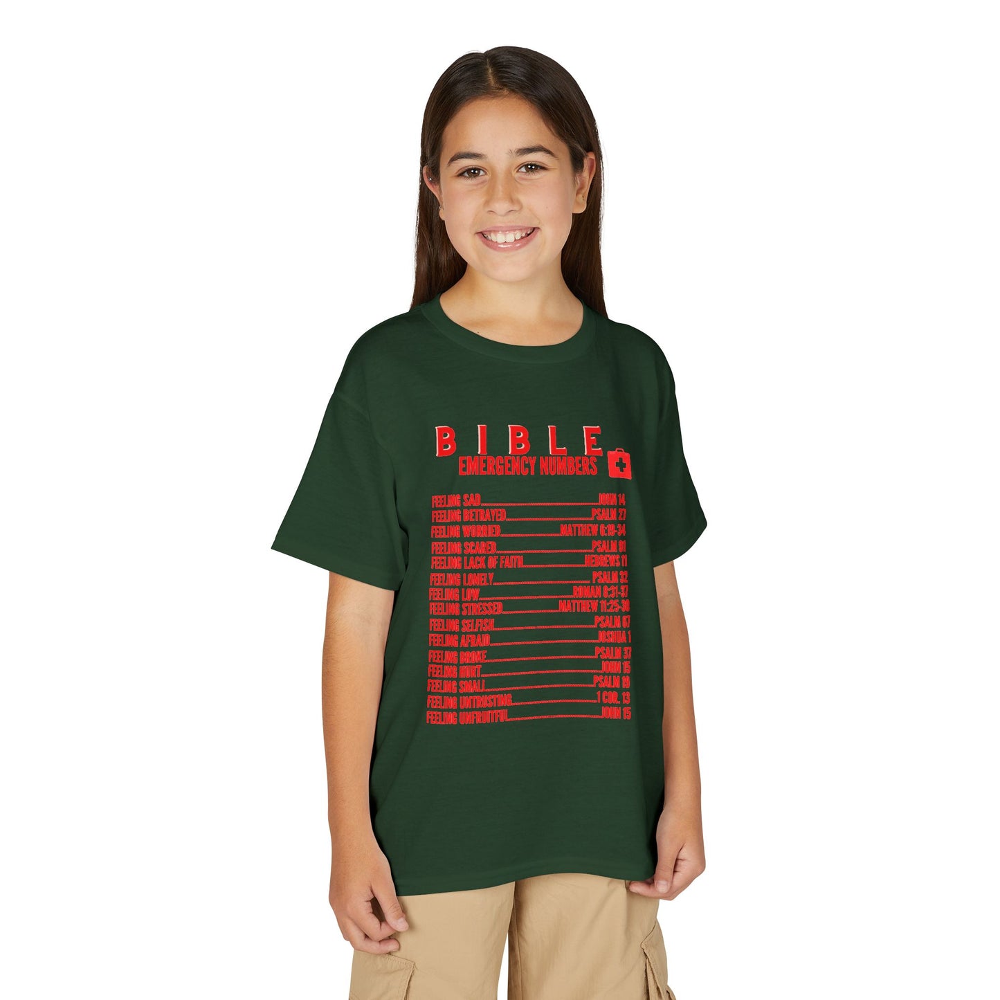 Bible Emergency Numbers Youth T-Shirt — Red