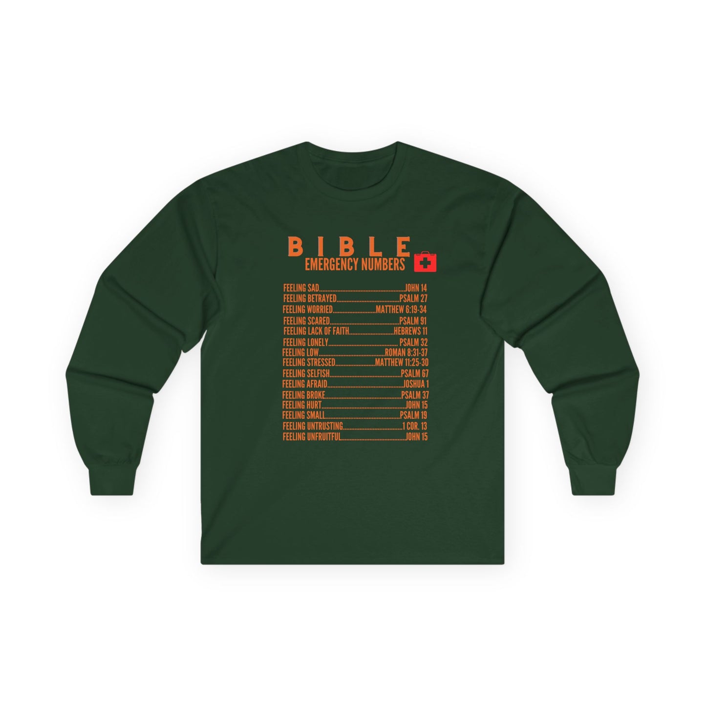 Bible Emergency Numbers Long Sleeve Tee - Orange