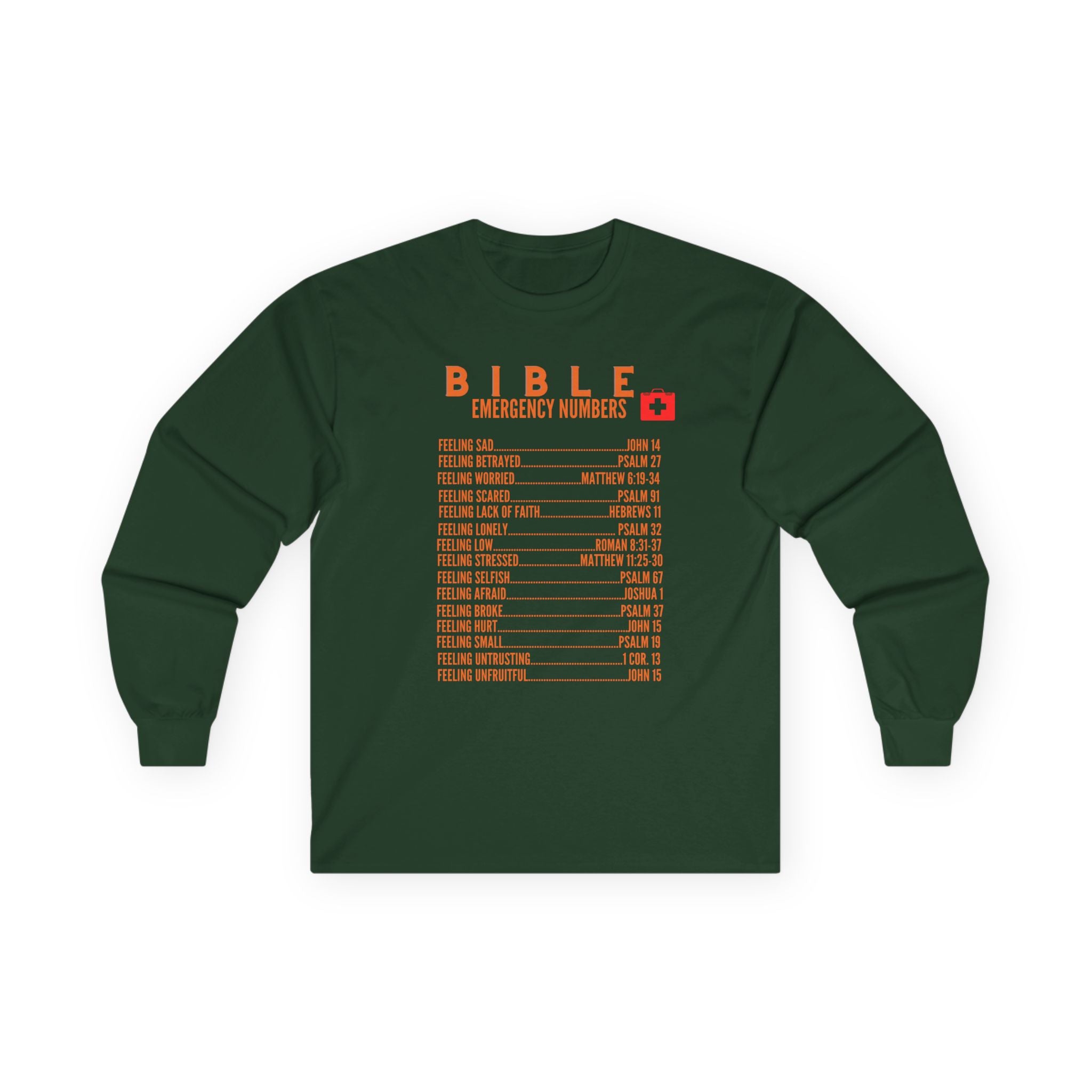 Bible Emergency Numbers Long Sleeve Tee - Orange