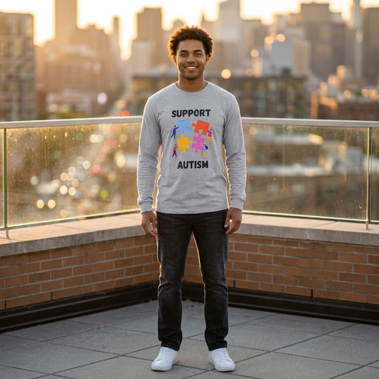 Support Autism Long Sleeve Tee — Puzzle Piece Awareness Shirt - Blk