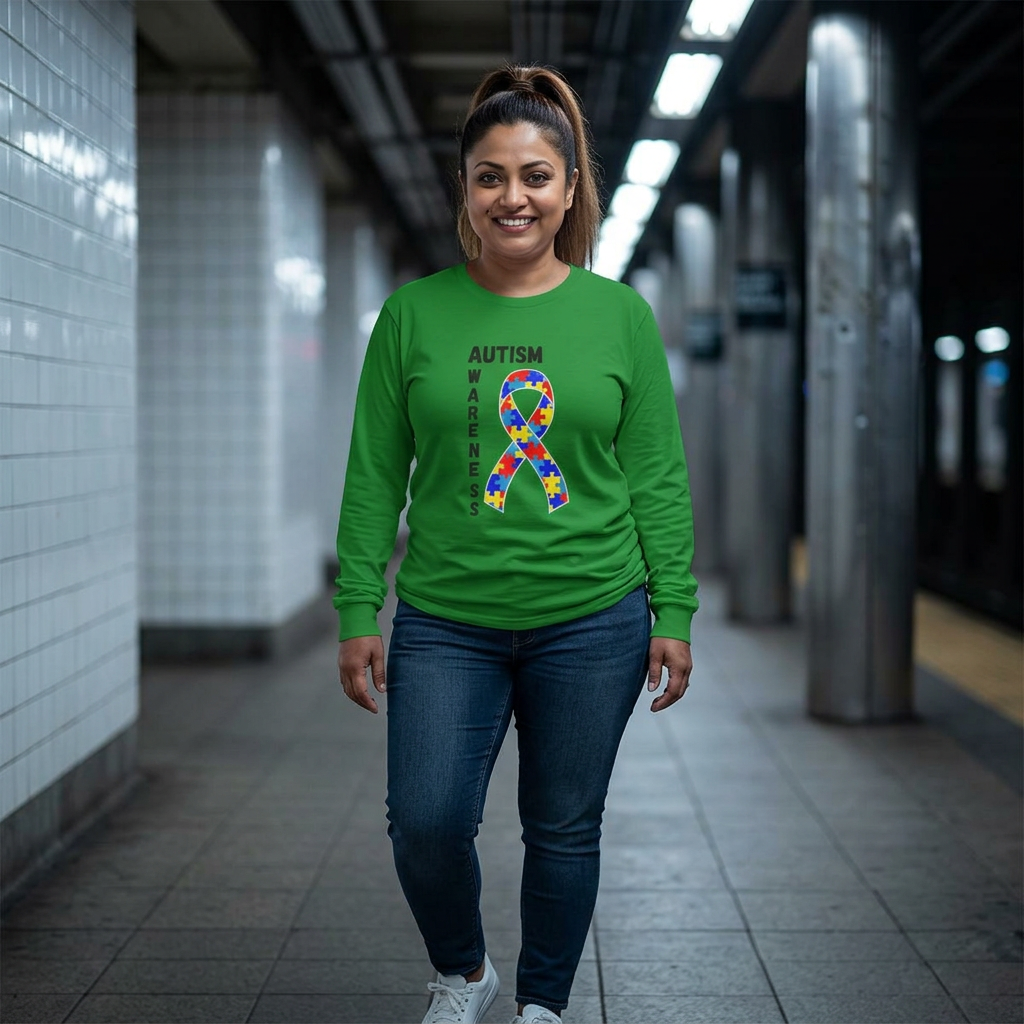 Autism Puzzle Ribbon Long Sleeve Tee — Blk