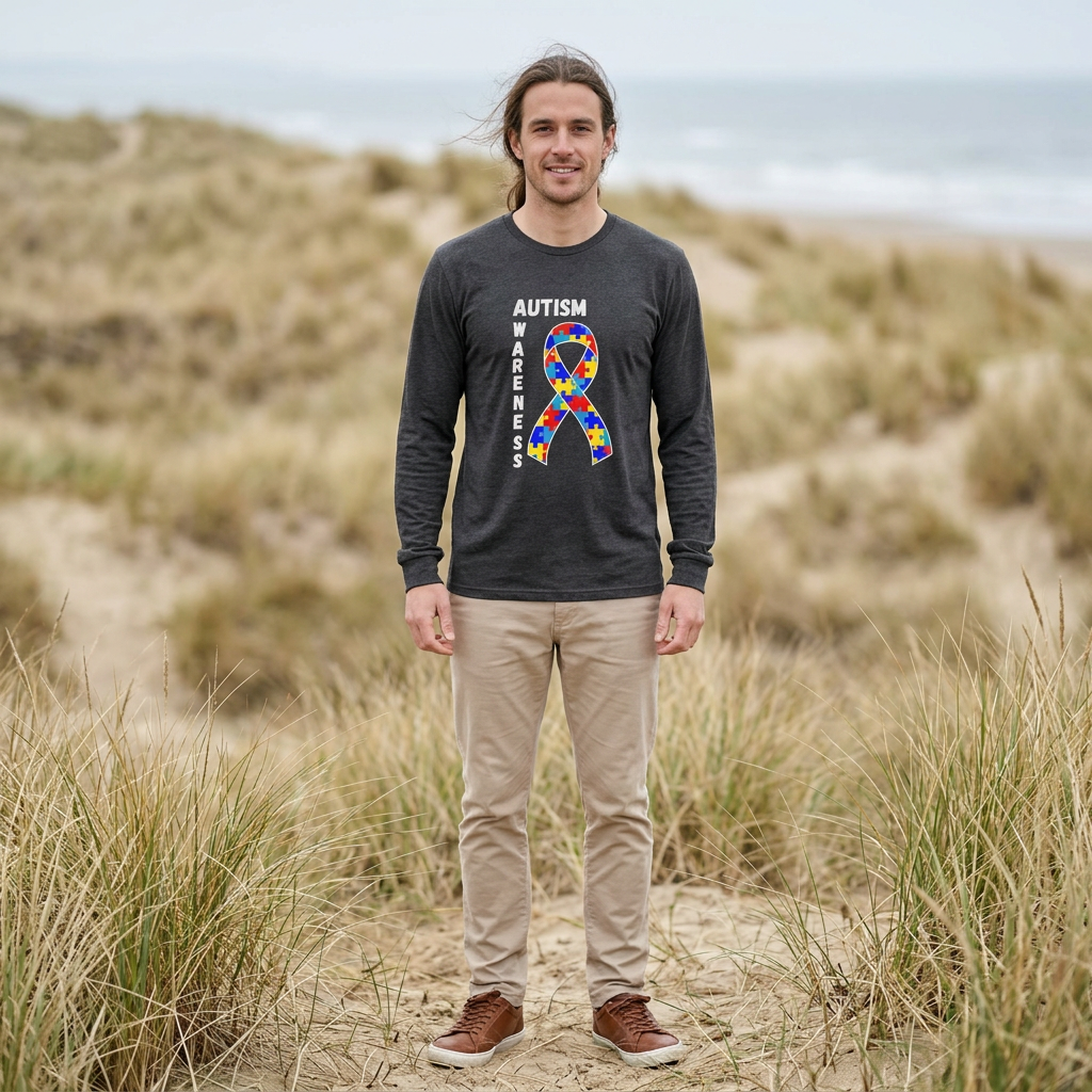 Autism Puzzle Ribbon Long Sleeve Tee — White