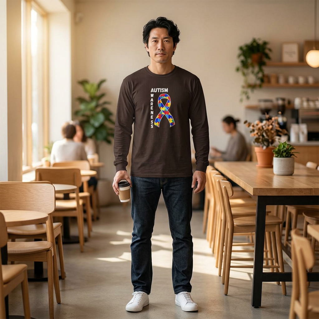 Autism Puzzle Ribbon Long Sleeve Tee — White