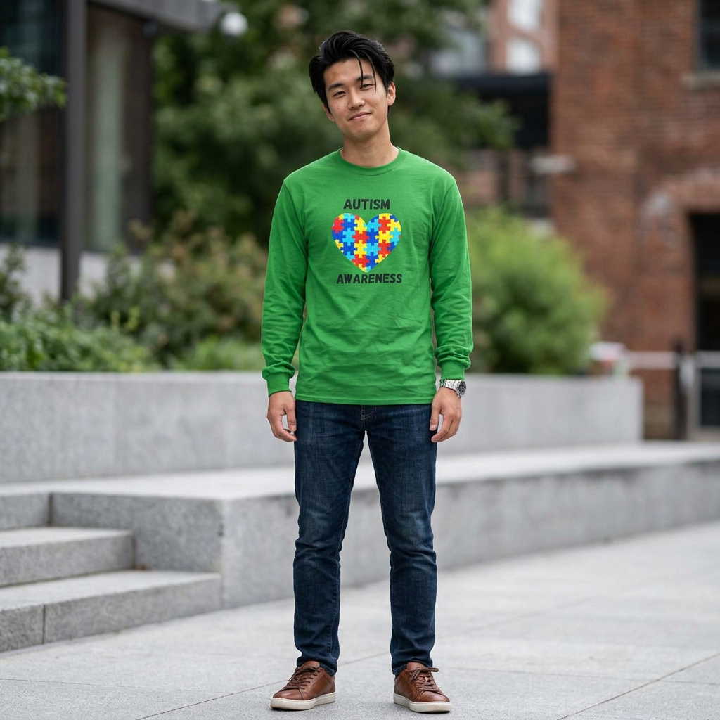 Autism Awareness Long Sleeve Tee - Heart Shaped Puzzle - Blk