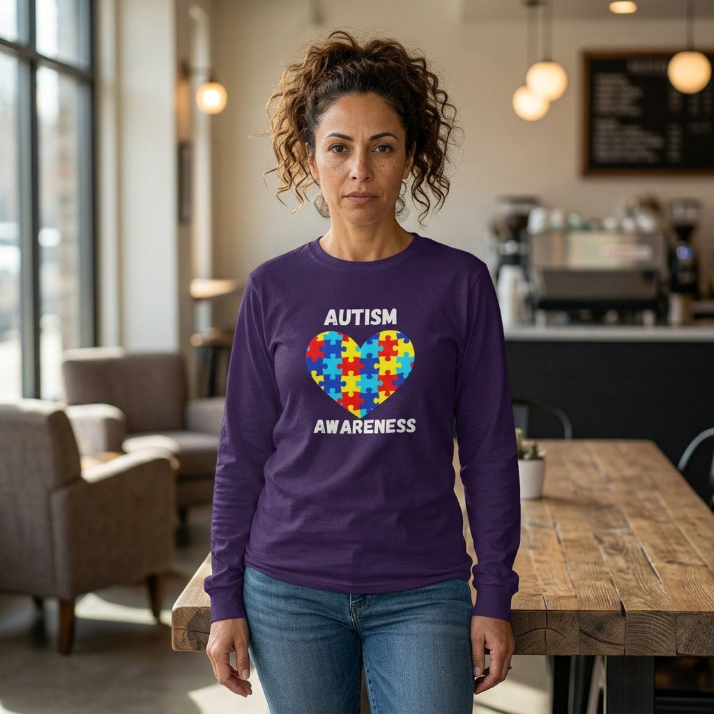 Autism Awareness Long Sleeve Tee — Heart Shaped Puzzle - White