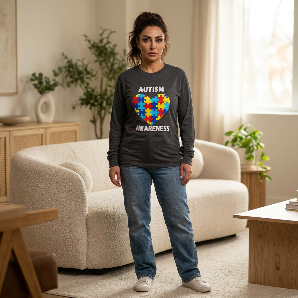 Autism Awareness Long Sleeve Tee — Heart Shaped Puzzle - White