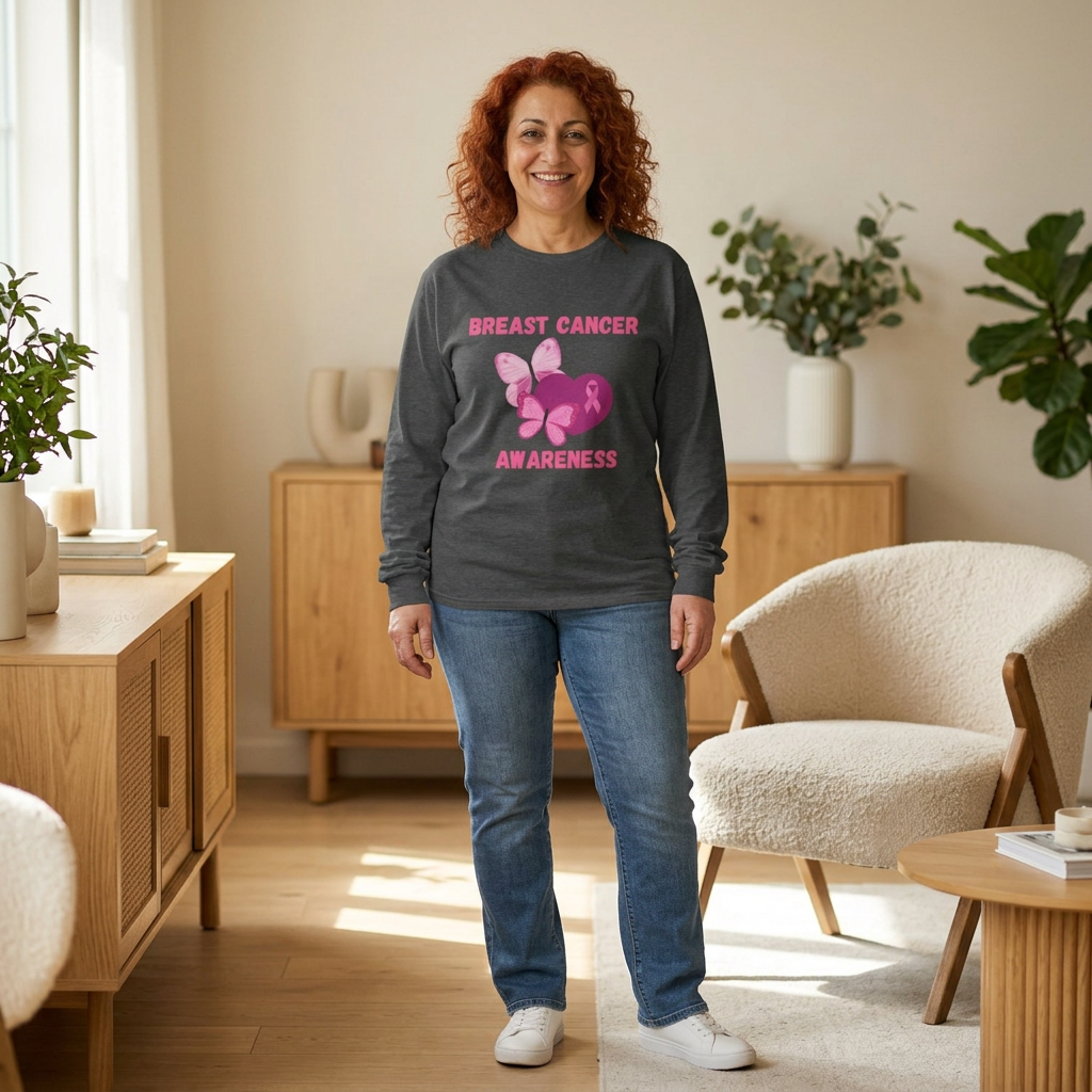 Breast Cancer Awareness Long Sleeve Tee — Pink Ribbon Butterfly Design