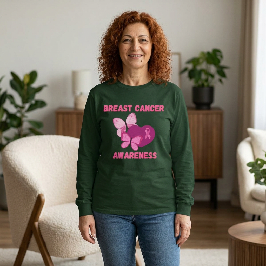 Breast Cancer Awareness Long Sleeve Tee — Pink Ribbon Butterfly Design