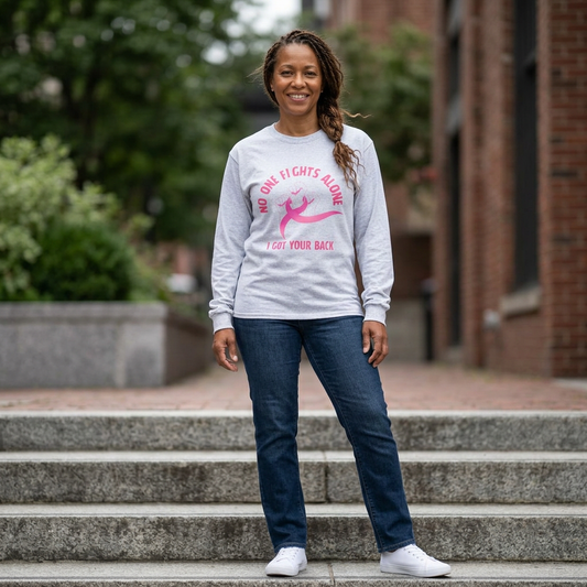 Breast Cancer Support Long Sleeve Tee — "No One Fights Alone, I Got Your Back"