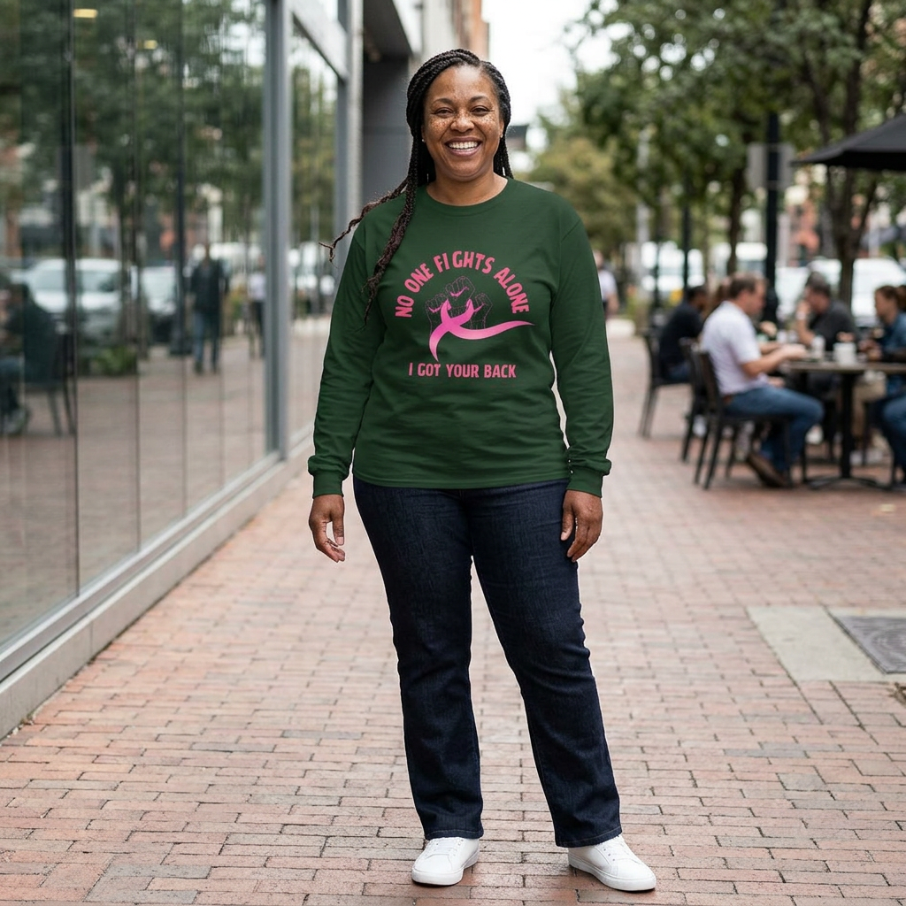 Breast Cancer Support Long Sleeve Tee — "No One Fights Alone, I Got Your Back"