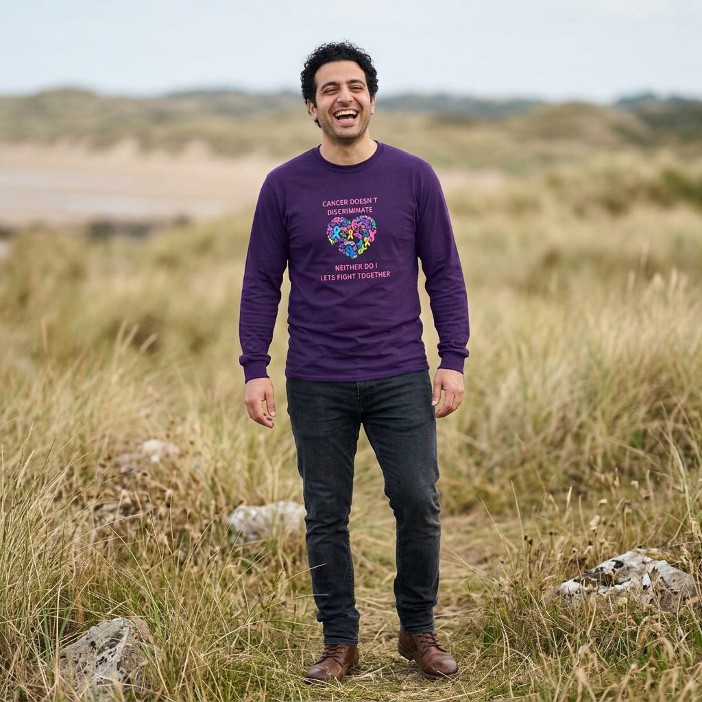 Cancer Awareness Long Sleeve Tee — "Cancer Doesn't Discriminate" Heart Ribbon