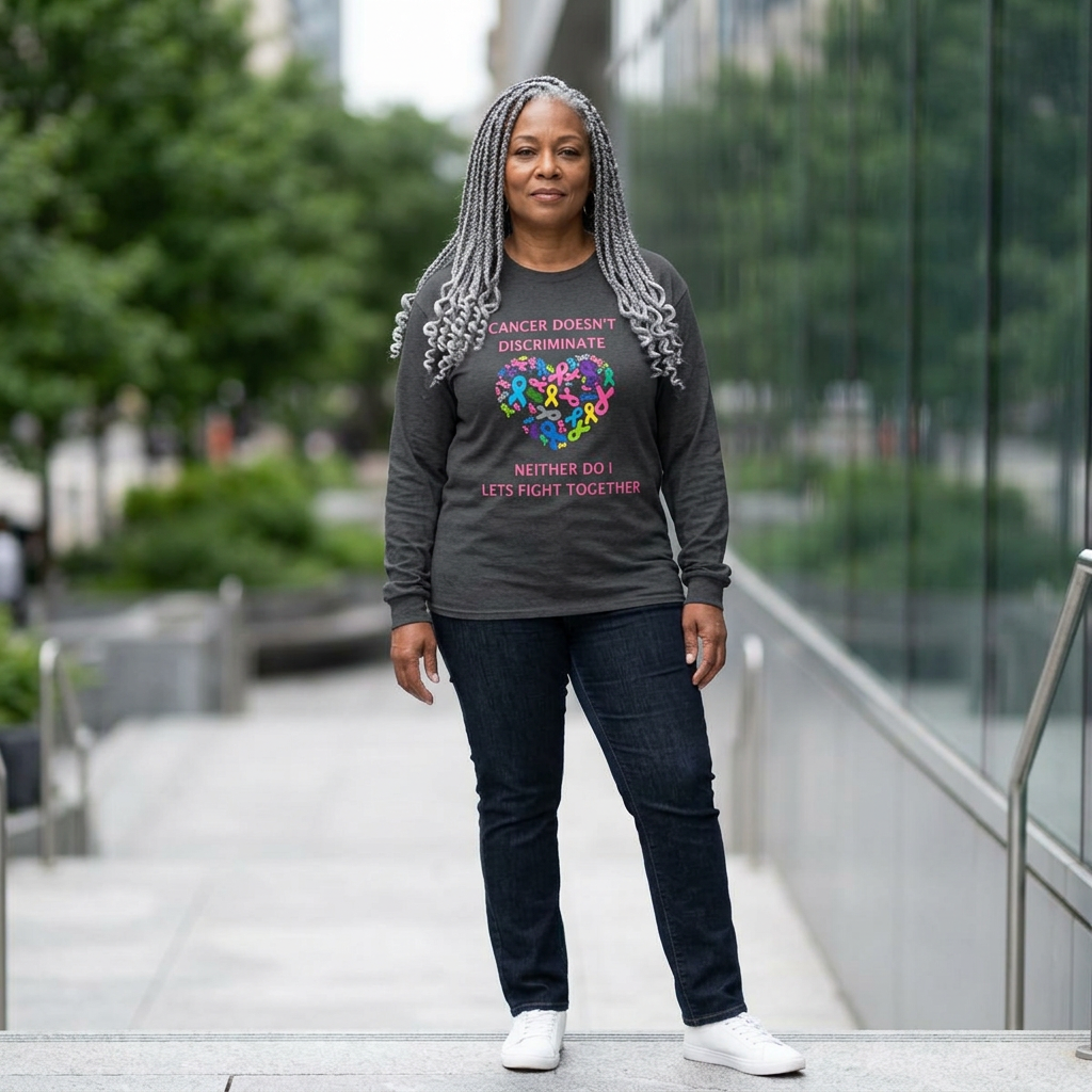 Cancer Awareness Long Sleeve Tee — "Cancer Doesn't Discriminate" Heart Ribbon