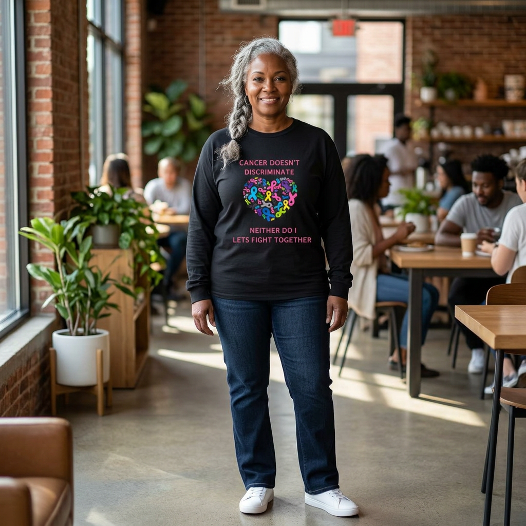 Cancer Awareness Long Sleeve Tee — "Cancer Doesn't Discriminate" Heart Ribbon