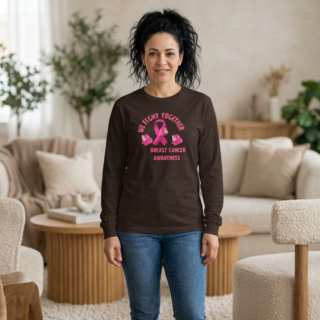 Breast Cancer Awareness Long Sleeve Tee – “We Fight Together” Pink Ribbon