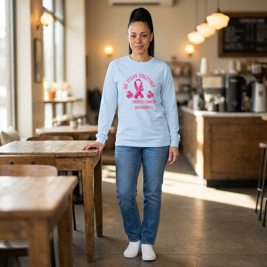 Breast Cancer Awareness Long Sleeve Tee – “We Fight Together” Pink Ribbon