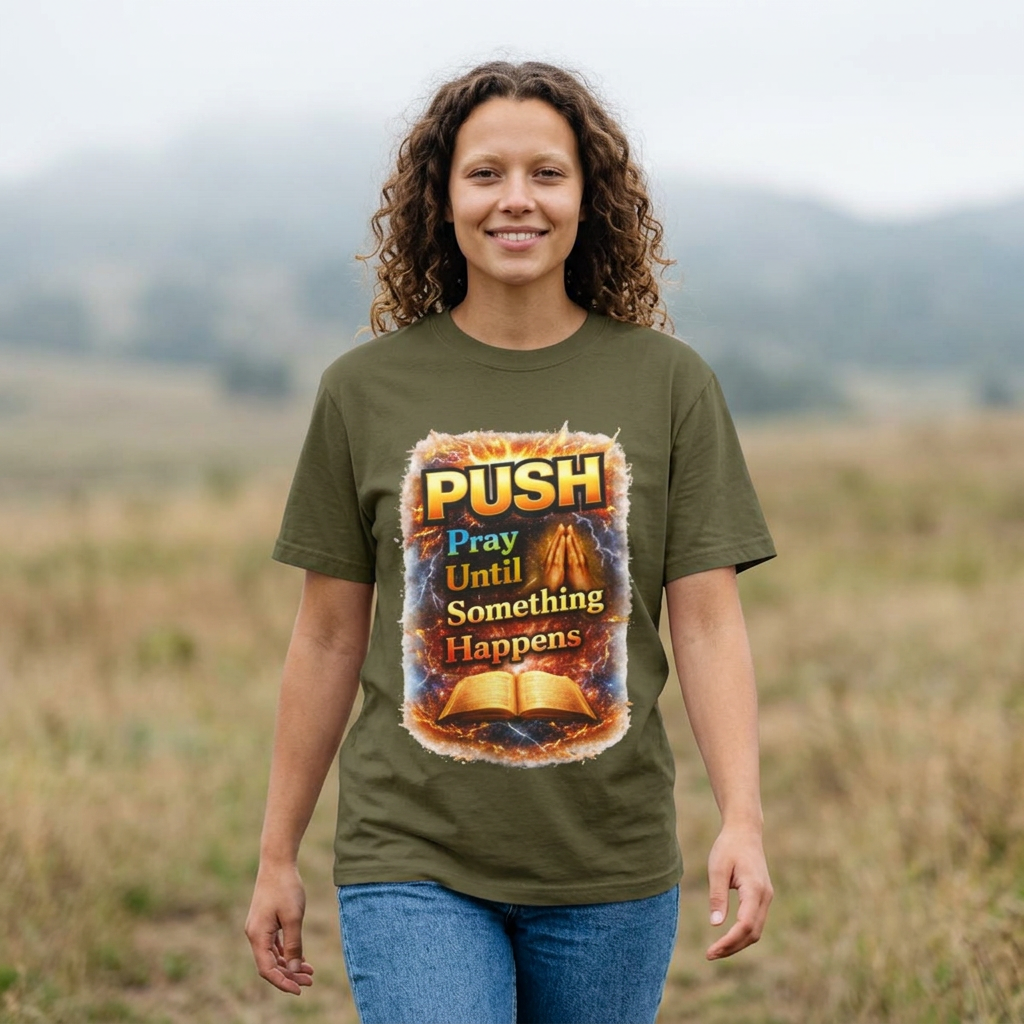 Push Pray Until Something Happens T‑Shirt - Bible — 7X only